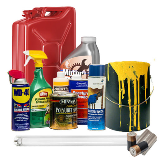 household hazmat items showing florescent bulbs, paint and oil