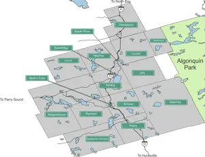 Map of the municipalities in the Almaguin Highlands